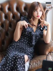 【Lサイズあり】フリルｘリボンドットロングキャバドレス(DE2917)