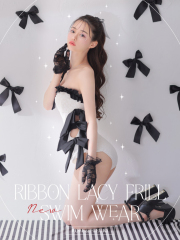RIBBON × LACY FRILL SWIM WEAR(fm2936)【返品不可】/white × black