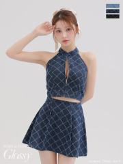 【XSサイズあり】デニムホルターバストジップフレアミニキャバドレス(GL3287)/navy