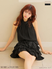 【XSサイズあり】ドットオーガンジーウエストリボンティアードフレアミニキャバドレス(fm3396)/black