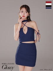 【XSサイズあり】アシンメトリーリボンチョーカーデザインセットアップミニキャバドレス(GL3438)