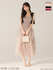 【XS～Lサイズあり】ボリュームチュールショルダーリボンフレアロングドレス(fm3463)