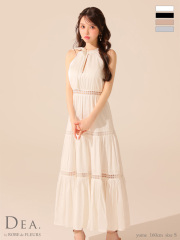 【Lサイズあり】リボンタイスカラップレースフレアロングキャバドレス(DE3479)