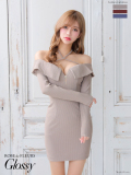 【XS～Lサイズあり】フロントジッパー×オフショルダーリブニットミニキャバドレス（GL2893）