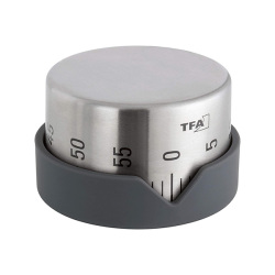 ステンレスボディのアナログキッチンタイマー。