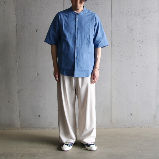 LAMOND (ラモンド) LM-S-084 [BAND COLLAR CHAMBRAY SHIRTS JACKET] バンドカラー シャンブレー シャツ S/Sジャケット (BLUE)