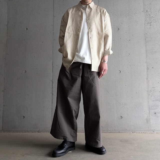 SEEALL シルク100% レギュラーカラーストライプシャツ　生成り色　46 SEEALL (シーオール) [ REGULAR COLLAR SHIRTS ] レギュラーカラー