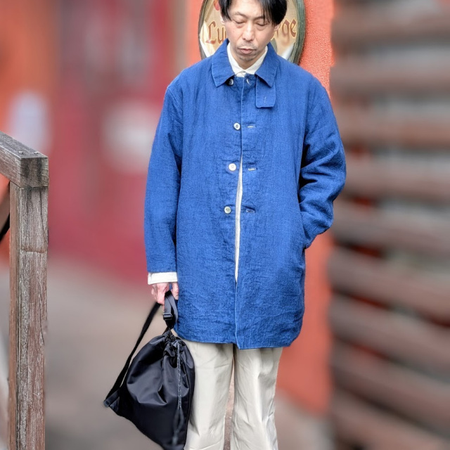 EEL products サクラコート 藍染 インディゴ M ステンカラーコート EEL Products（イールプロダクツ）SAKURA COAT ai wo comete – Indigo