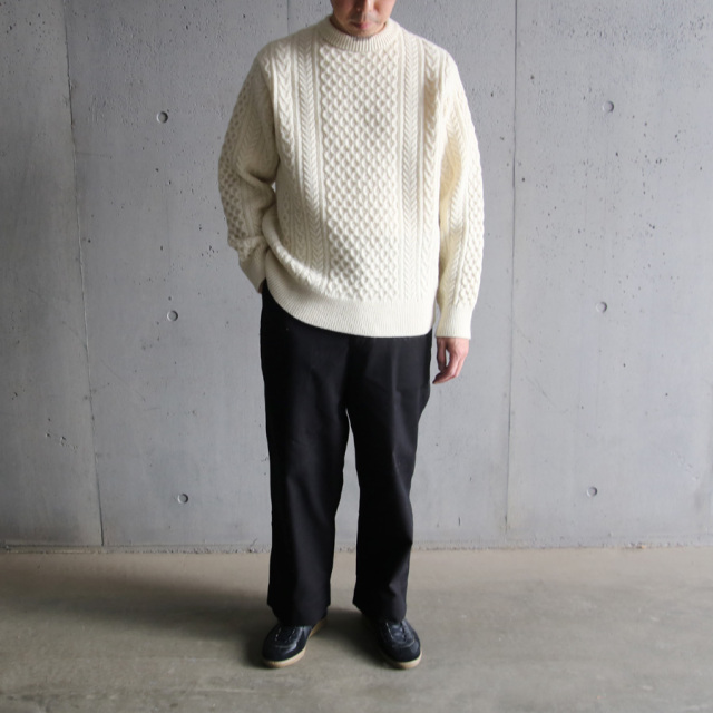 yonetomi new basic,ヨネトミ ニューベーシック,山形ニット,ニットファクトリーブランド,セーター,reborn wool aran knit p/o