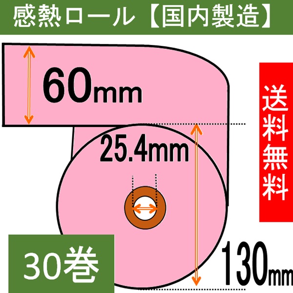 感熱ロール（カラーサーマルロール）60×130×25.4 ピンク 30巻入り