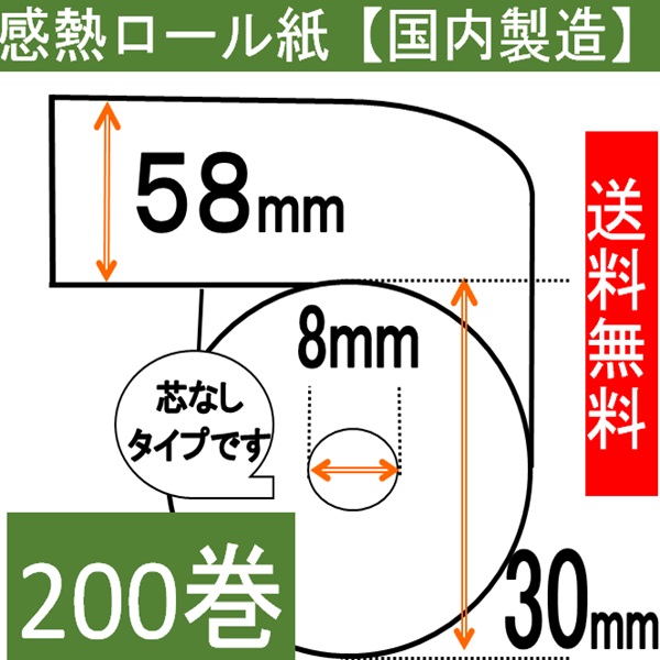 感熱ロール紙58×30×8 コアレス 200巻入り 65μ