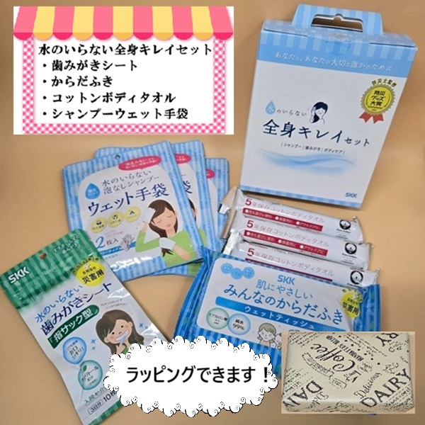 【防災用品 キャンプ用品 入院準備品】SKK 水のいらない全身キレイセット シャンプー手袋 歯みがきシート からだふき ボディタオル 長期保存 メイク落とし シート 体拭きシート ウェットシート ボディ 歯磨きシート 化粧品