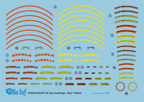 ブルースタッフ 1/12 ドゥカティ スーパーレッジェーラ V4 タイヤメーキングデカール レッド、イエロー タミヤ対応　12-040