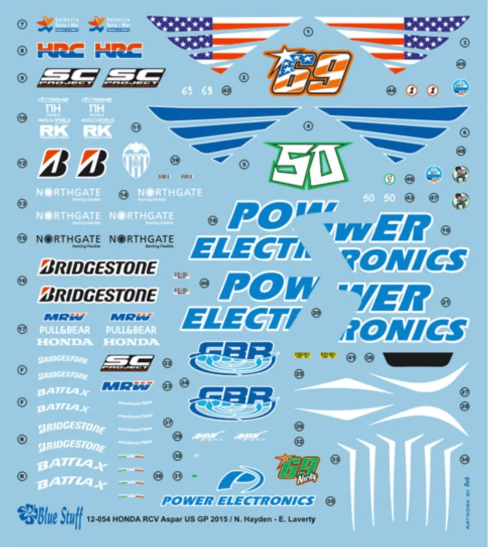 ブルースタッフ 1/12 ホンダ RVC アスパー アメリカGP 2015 N.ヘイデン / E.ラバティ フルデカール タミヤ対応　12-054