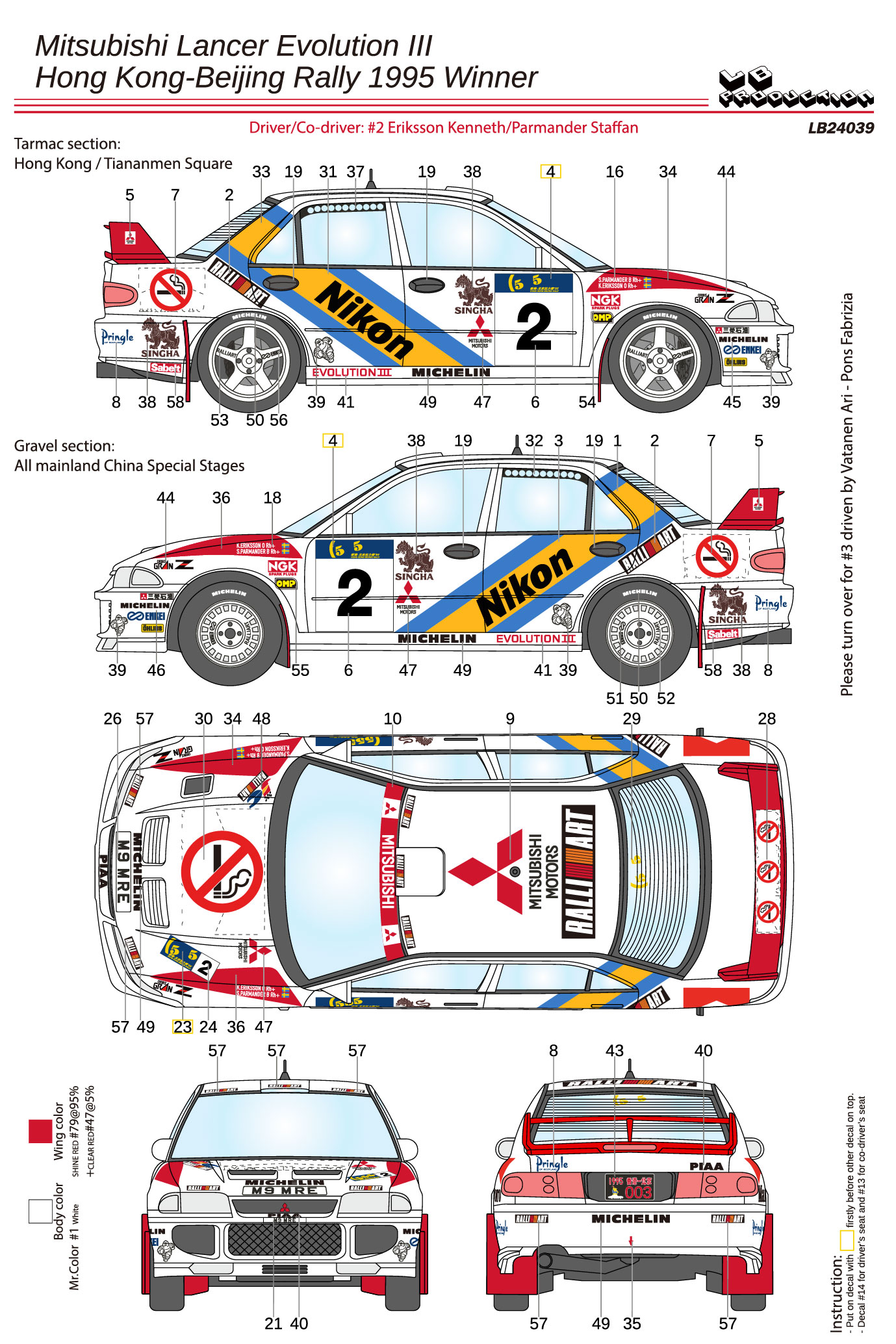 LBプロダクション 1/24 デカール ミツビシ ランサー Evo.3 香港-北京 ラリー 1995 No.2 ウィナー / No.3　LB24039