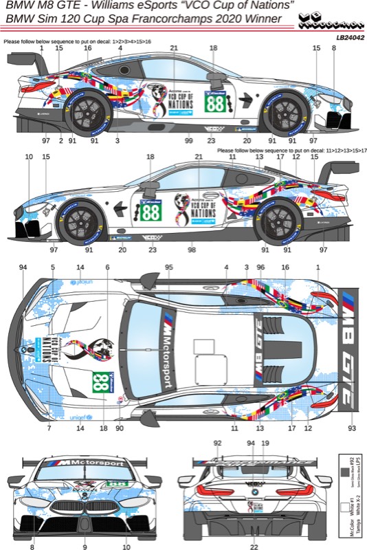[メーカー完売]　LBプロダクション 1/24 デカール BMW M8 GTE BMW Sim 120カップ スパ 2020 No.88 ウィナー　LB24042