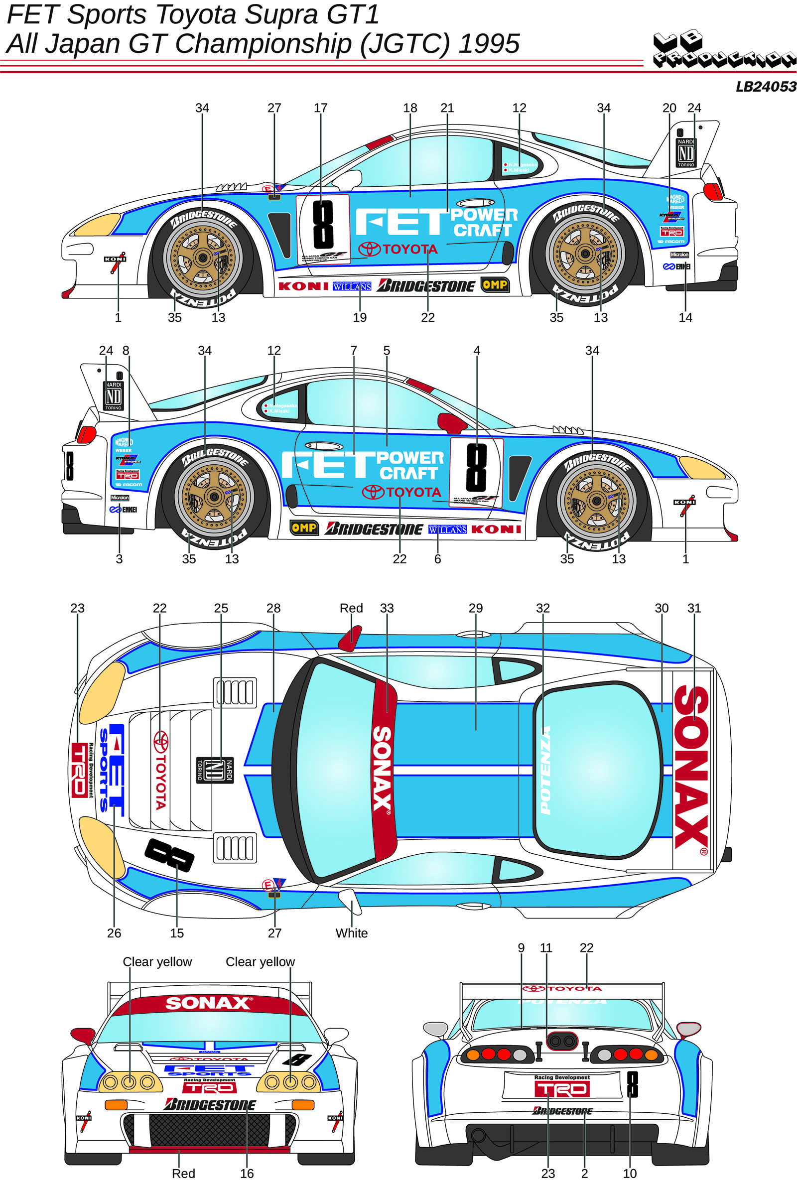 LBプロダクション 1/24 FET スポーツ トヨタ スープラ JGTC 1995 フルデカール (タミヤ対応)　LB24053