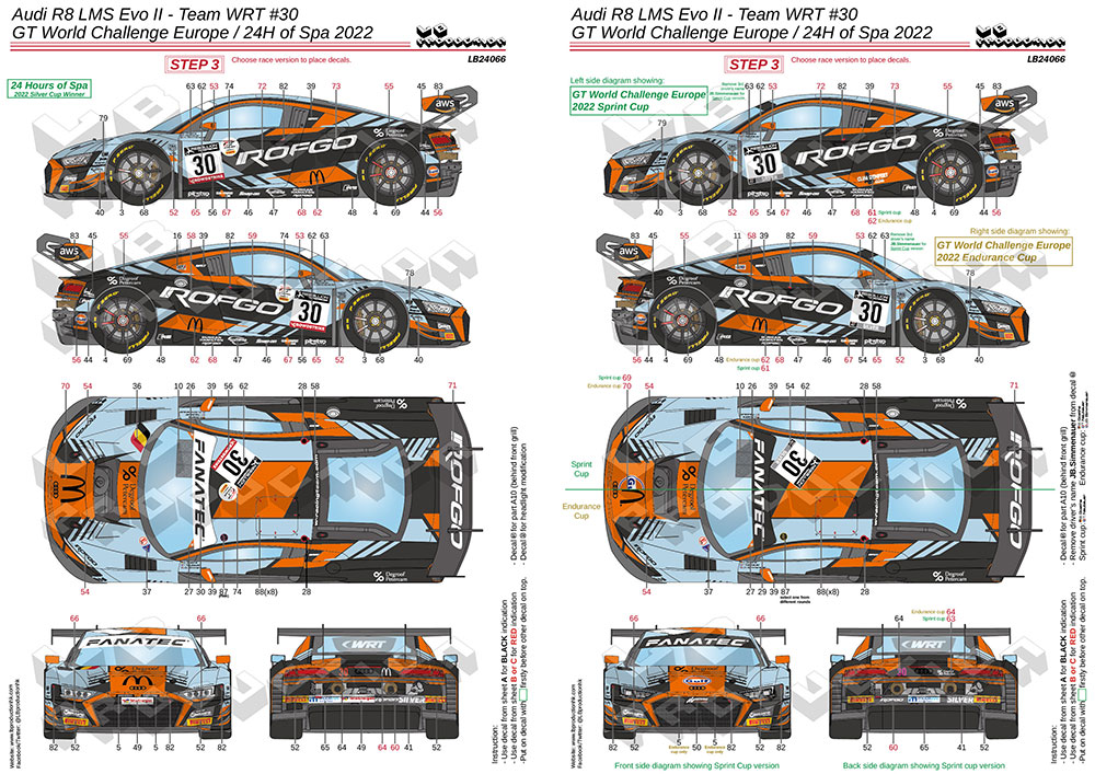 LBプロダクション 1/24 アウディ R8 LMS Evo.2 スパ 24h 2022 No.30 フルデカール nunu対応　LB24066