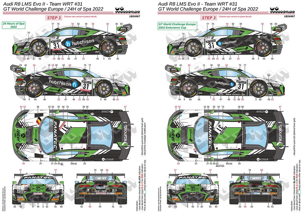 LBプロダクション 1/24 アウディ R8 LMS Evo.2 スパ 24h 2022 No.31 フルデカール nunu対応　LB24067