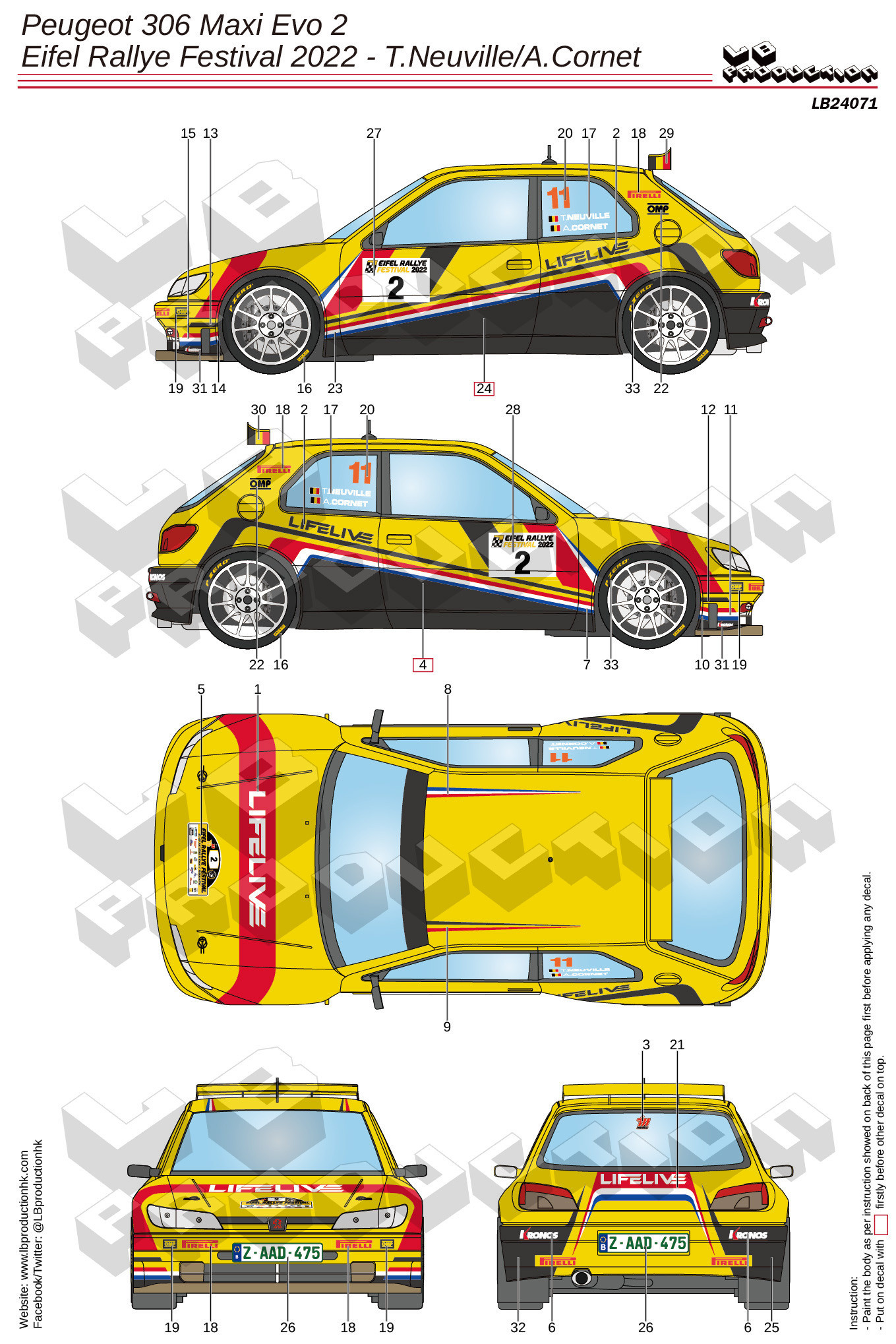 LBプロダクション 1/24 プジョー 306 マキシ Evo.2 アイフェル ラリーフェスティバル 2022 フルデカール nunu対応　LB24071