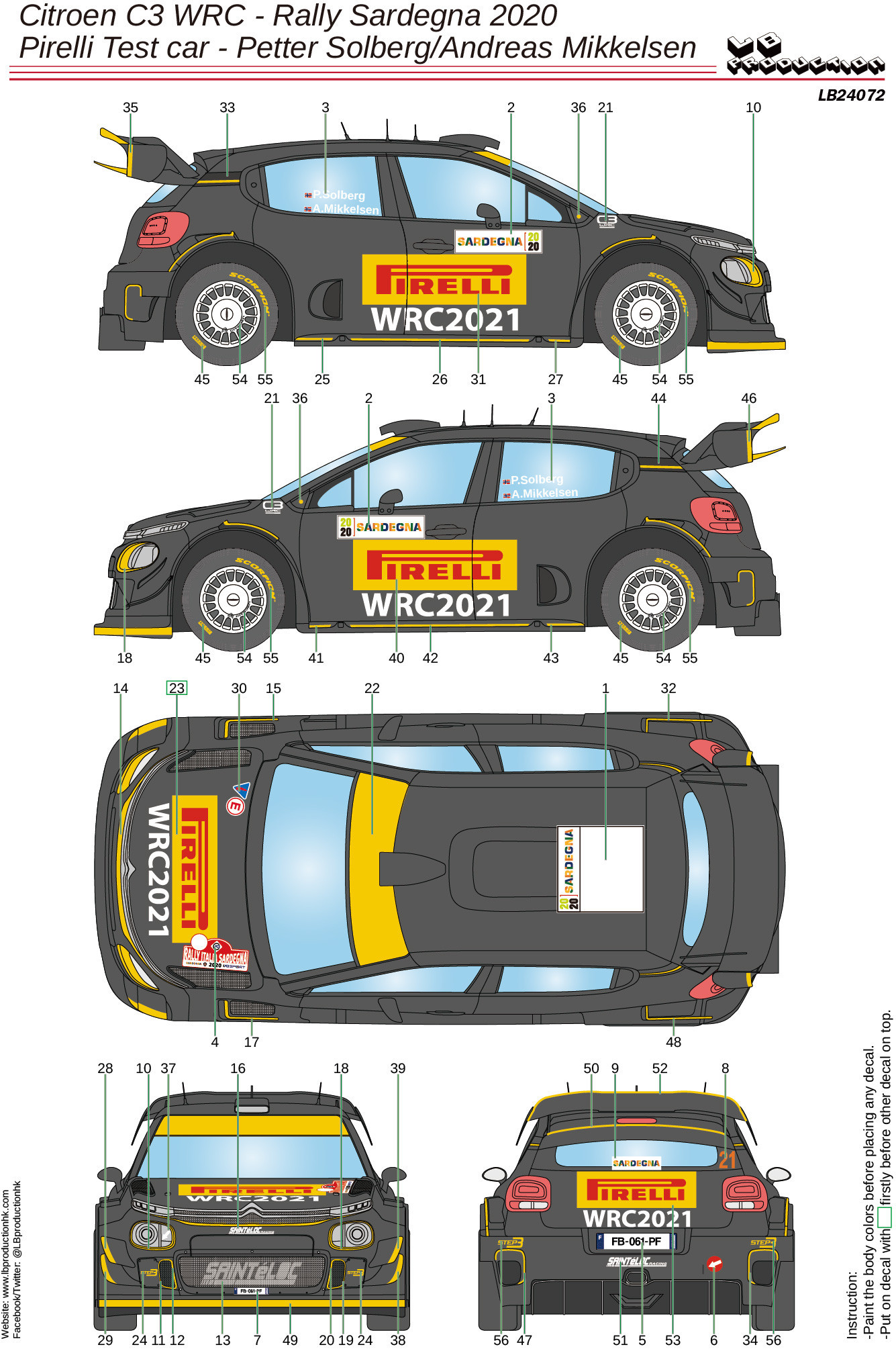 LBプロダクション 1/24 シトロエン C3 WRC サルデーニャ ピレリテストカー P.ソルベルグ フルデカール BELKIT対応　LB24072