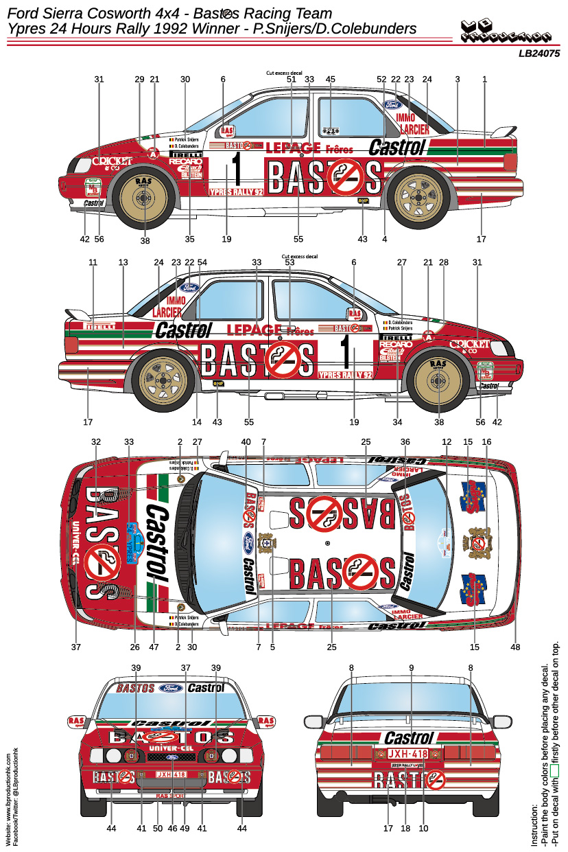 LBプロダクション 1/24 フォード　シエラ コスワース 4×4 バストス イーペル 24h ラリー 1992 No.1 ウィナー フルデカール Dモデルキッツ対応　LB24075