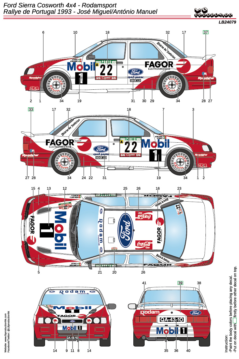 LBプロダクション 1/24 フォード　シエラ コスワース 4×4 モービル1 ポルトガル ラリー 1993 No.22 フルデカール Dモデルキッツ対応　LB24079