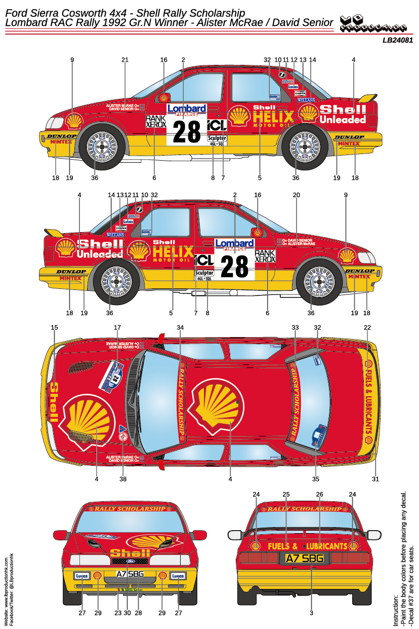 LBプロダクション 1/24 フォード　シエラ コスワース 4×4 シェル RAC ラリー Gr.N 1992 No.28 ウィナー  フルデカール Dモデルキッツ対応　LB24081