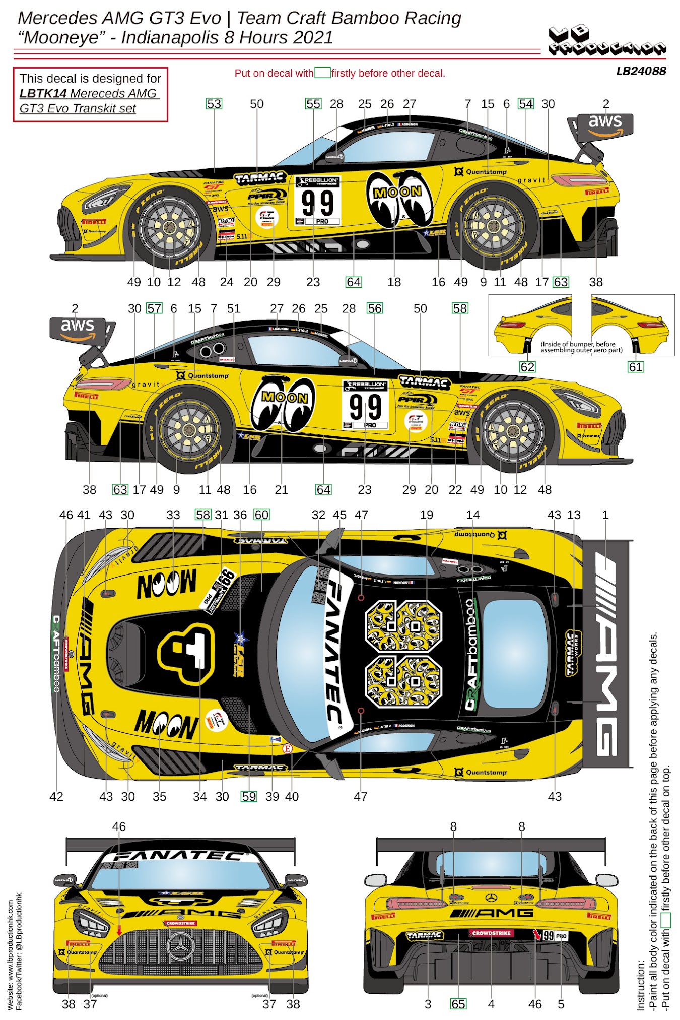 LBプロダクション 1/24 メルセデス AMG GT3 Evo. インディアナポリス 8h 2021 フルデカール タミヤ対応　LB24088