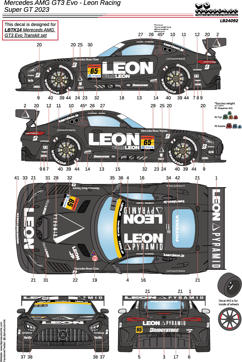 LBプロダクション 1/24 メルセデス AMG GT3 Evo. LEON スーパーGT GT300 2023 No.65 フルスポンサーデカール タミヤ対応 　LB24092