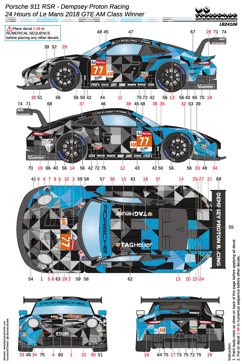 LBプロダクション 1/24 ポルシェ 911 RSR GT3 ルマン 2018 No.77 クラスウィナー フルデカール nunu対応　LB24106