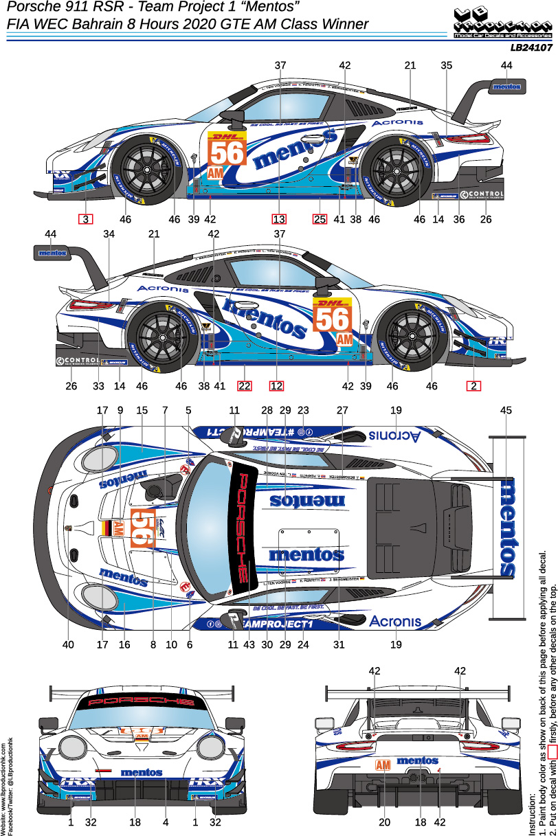 LBプロダクション 1/24 ポルシェ 911 RSR FIA "メントス "WEC バーレーン 8h 2020 クラスウィナー No.56　LB24107