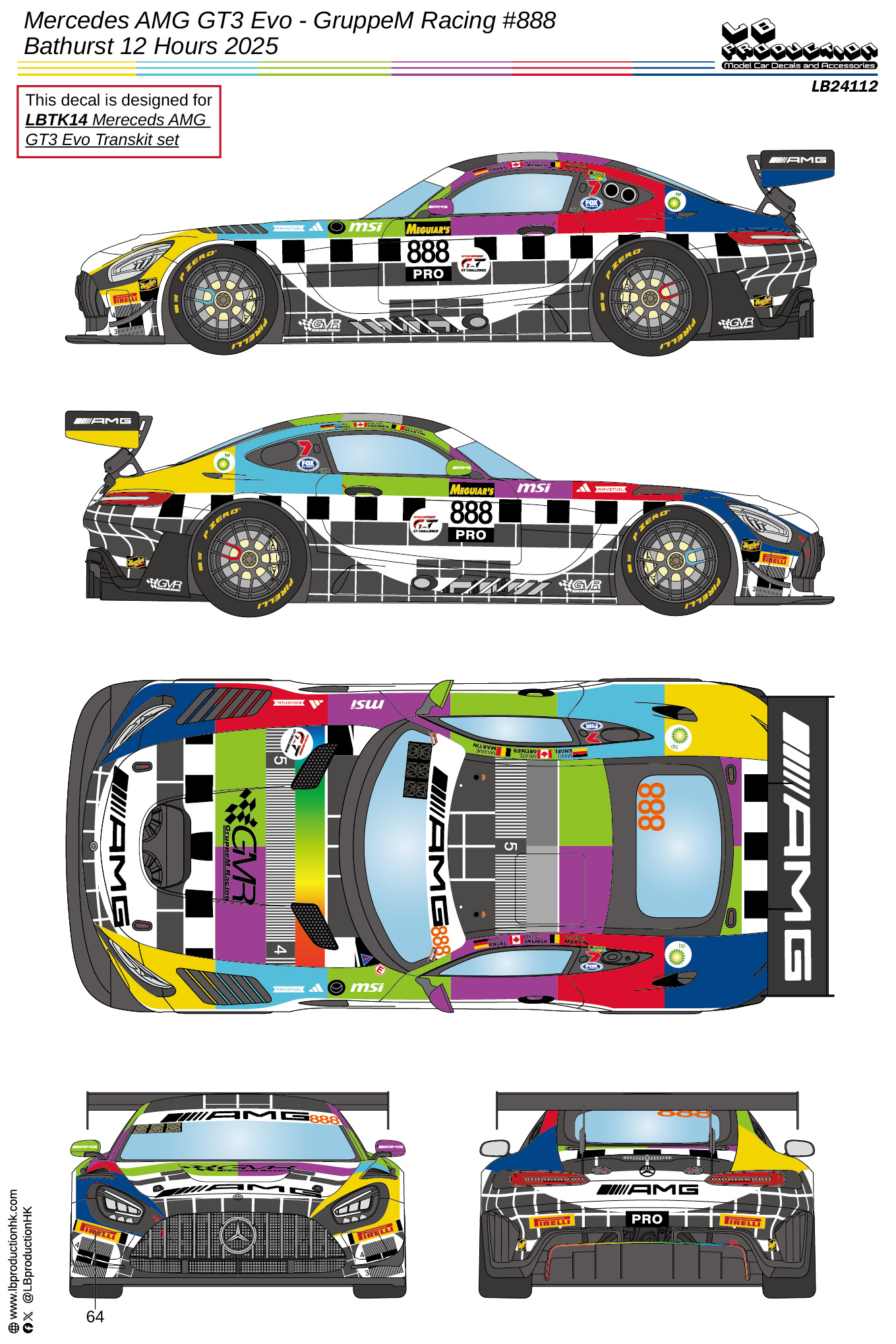 LBプロダクション 1/24 メルセデス AMG GT3 Evo グループ エムレーシング バサースト 12h 2025 No.888 フルデカール タミヤ対応　LB24112