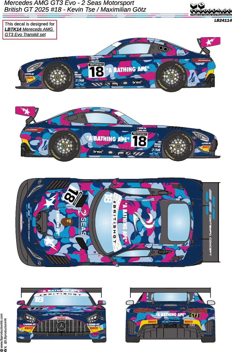 LBプロダクション 1/24 メルセデス AMG GT3 "2 Seas" イギリスGT 2025 No.18 フルデカール タミヤ対応　LB24114