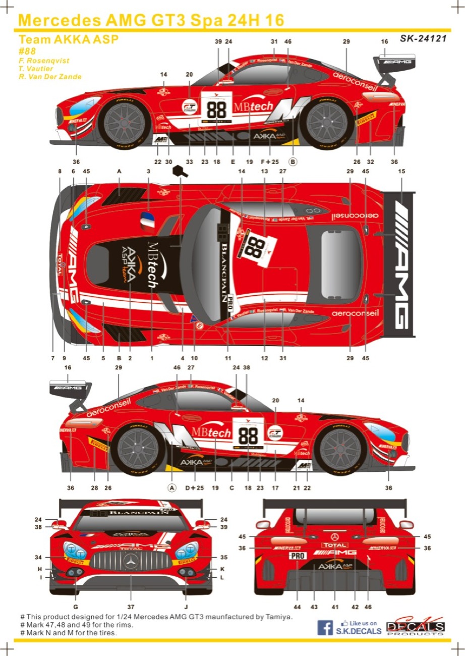 SK Decal 1/24 メルセデス AMG GT3 スパ 24h 2016 No.88 フルスポンサーデカール (タミヤ対応)　SK24121