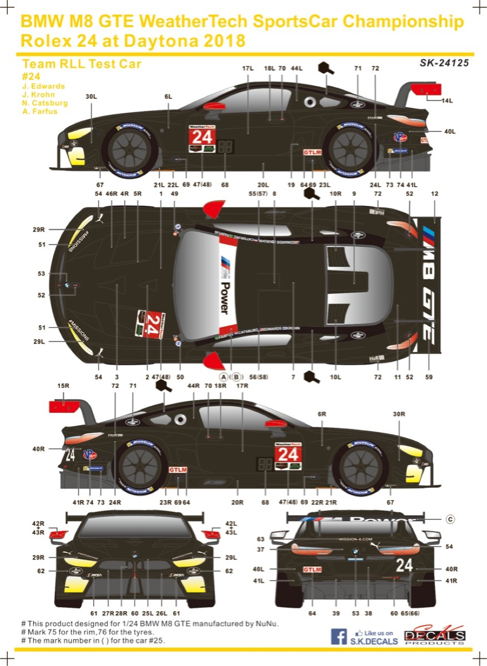 SK Decal 1/24 BMW M8 GTE デイトナ 24h 2018 No.24 フルスポンサーデカール (プラッツ/nunu対応)　SK24125