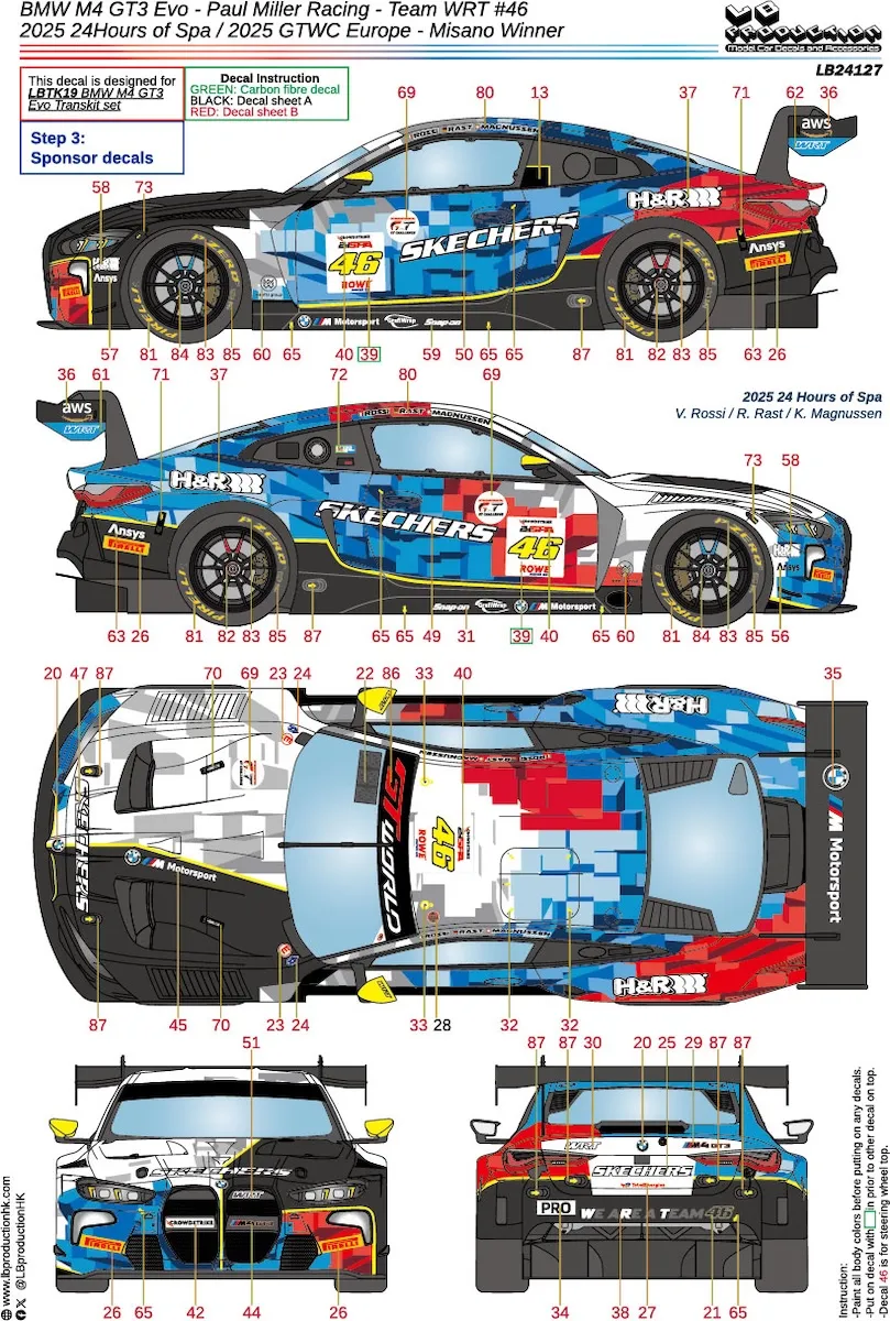 LBプロダクション 1/24 BMW M4 GT3 Evo チームWRT スパ 24h 2025/GTWC ヨーロッパ ミサノ ウィナー　No.46 フルデカール nunu対応   LB24127
