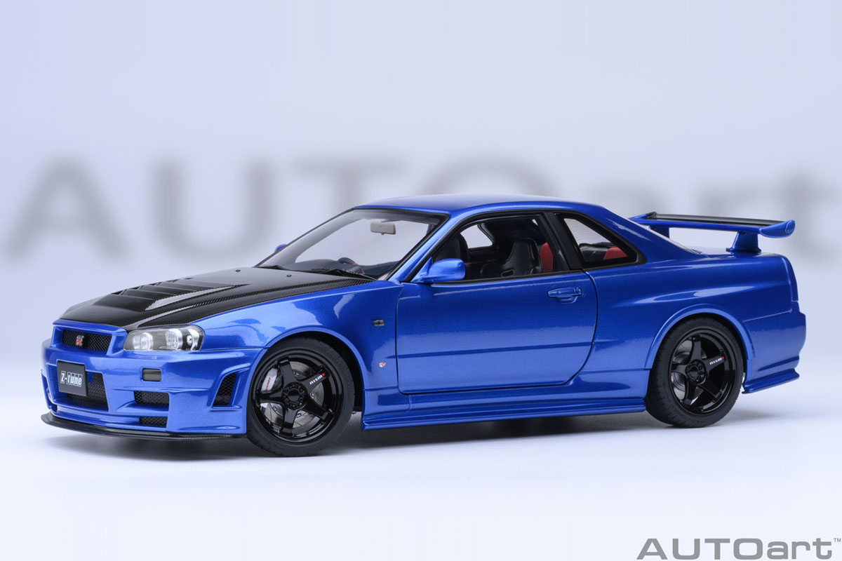 オートアート 1/18 ニッサン スカイライン ニスモ R34 GT-R Z-tune ベイサイドブルー／カーボンブラック・ボンネット　77460