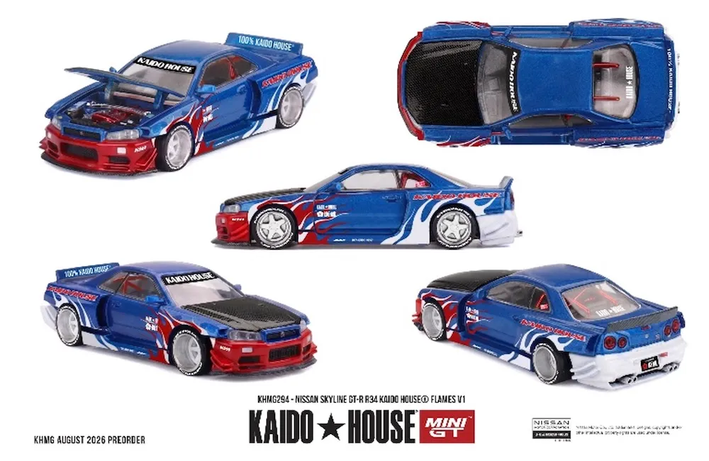 [予約] KAIDO HOUSE x MINI-GT 1/64 ニッサン スカイライン GT-R R34 Kaido House Flames V1(左ハンドル)　KHMG294