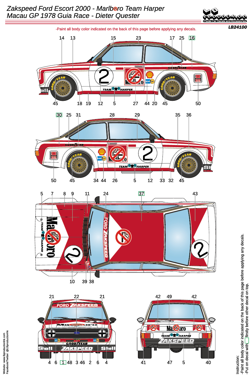 LBプロダクション 1/24 ザクスピード フォード エスコート 2000 マカオ ギアレース 1978 No.2 フルデカール　LB24100