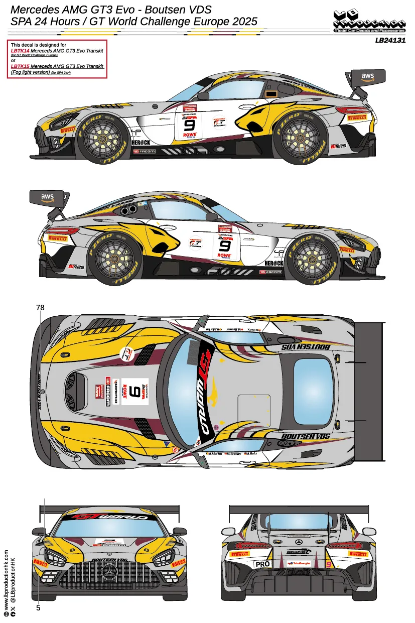 [予約] LBプロダクション 1/24 メルセデス AMG GT3 Evo スパ 24h / GTワールドチャレンジ ヨーロッパ 2025 No.9 フルデカール タミヤ対応　LB24131