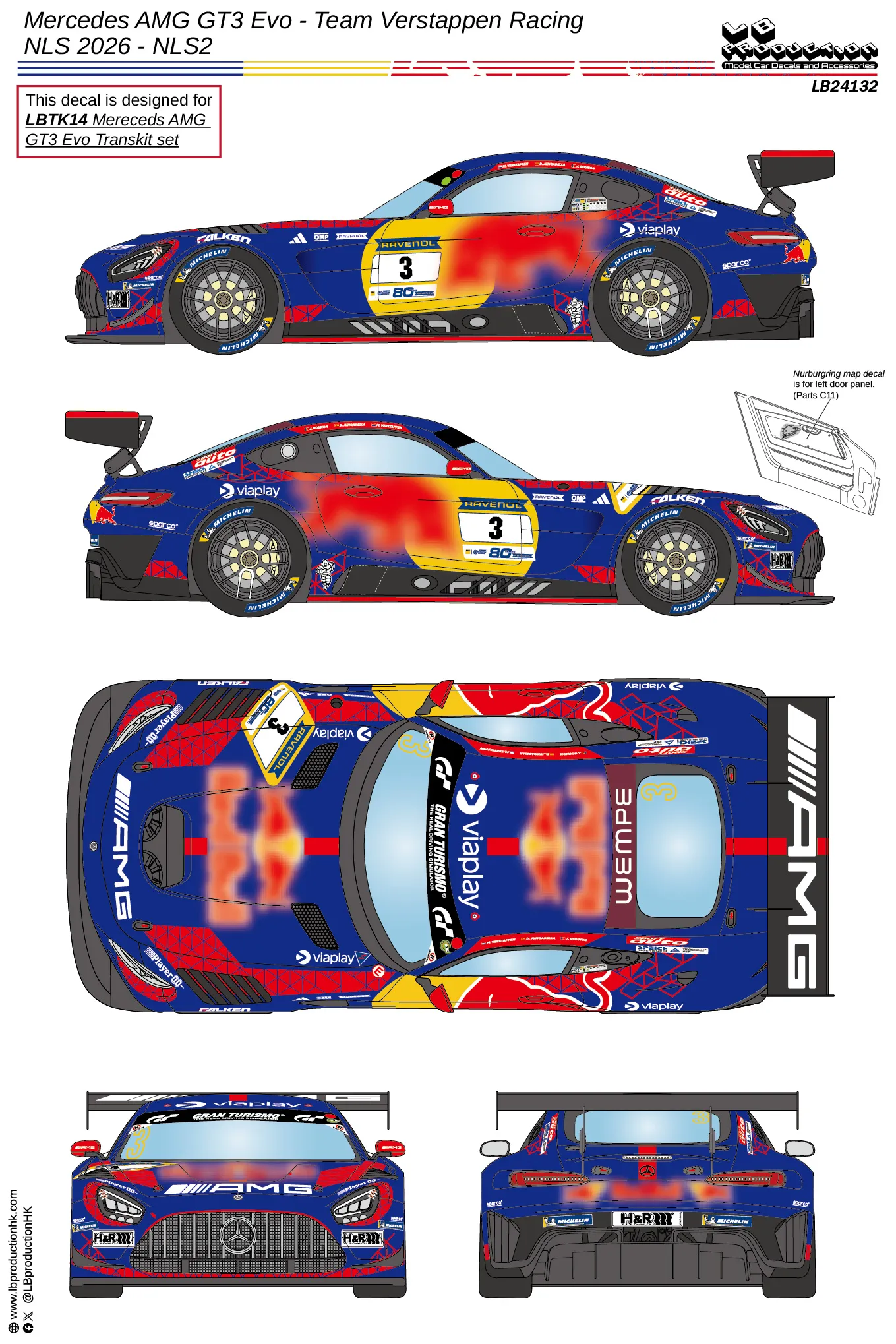 [予約] LBプロダクション 1/24 メルセデス AMG GT3 Evo "レッドブル" ニュルブルクリンク耐久シリーズ 第2戦 2026 No.3 M.フェルスタッペン フルデカール タミヤ対応　LB24132