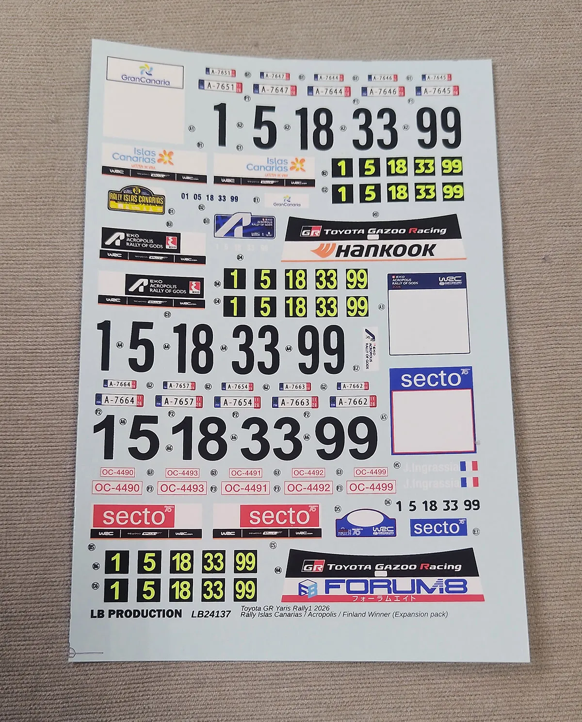 [予約] LBプロダクション 1/24 トヨタ GR ヤリス ラリー1 2026 イスラス・カナリアス/アクロポリス/フィンランド オプションデカール LB24134またはLB24135とセットで使用 ベルキット対応　LB24137