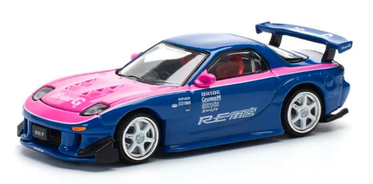 [予約] POPレース 1/64 マツダ RX-7 Re雨宮 ブルー/ピンク ボンネット開閉　PR640240