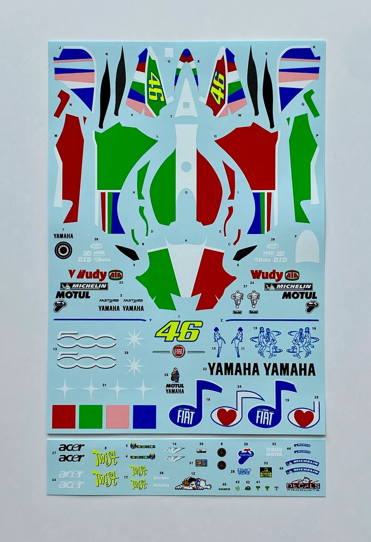 [予約] SK decal 1/12 ヤマハ YZR-M1 モトGP フィアット500カラー オランダ アッセンGP 2007 V.ロッシ フルデカール BEEMAX対応　SK12003