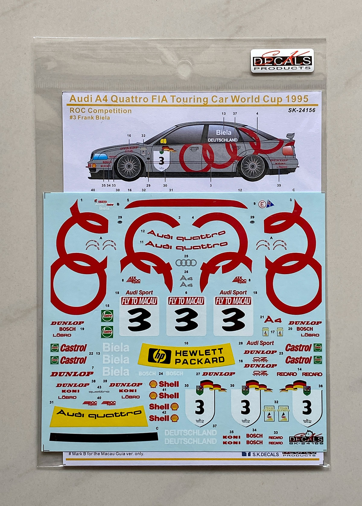SK Decal 1/24 アウディ A4 クアトロ FIA ツーリングカー ワールドカップ 1995 ROCコンペティション No.3 / 1996 マカオ ウィナー No.6 フルデカール nunu対応　SK24156