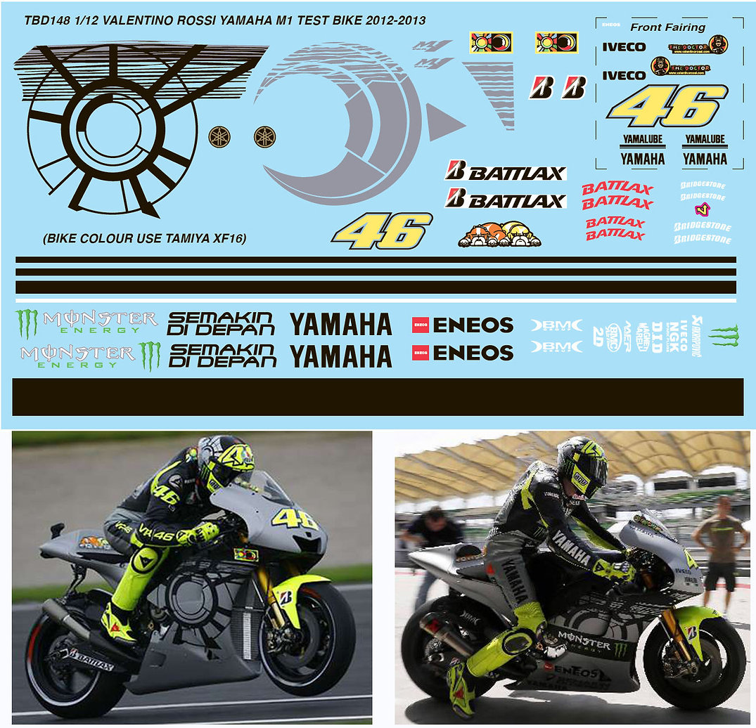 TBデカール 1/12 ヤマハ YZR-M1 モトGP  2012 - 2013 テスト V.ロッシ フルデカール(フィギュアデカールは含まれません) TBD148