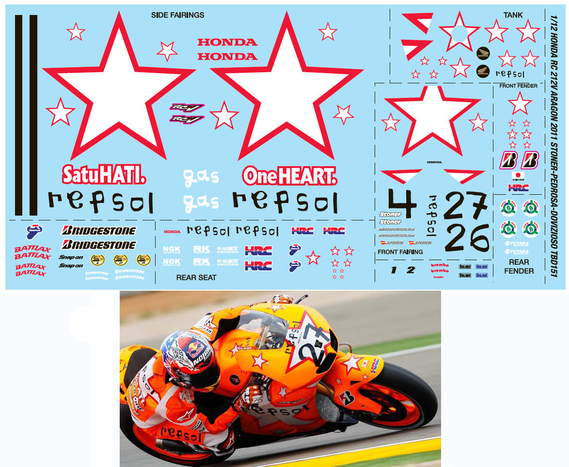 TBデカール 1/12 ホンダ RC212V モトGP アラゴンGP 2011 C.ストーナー/D.ペドロサ　TBD151