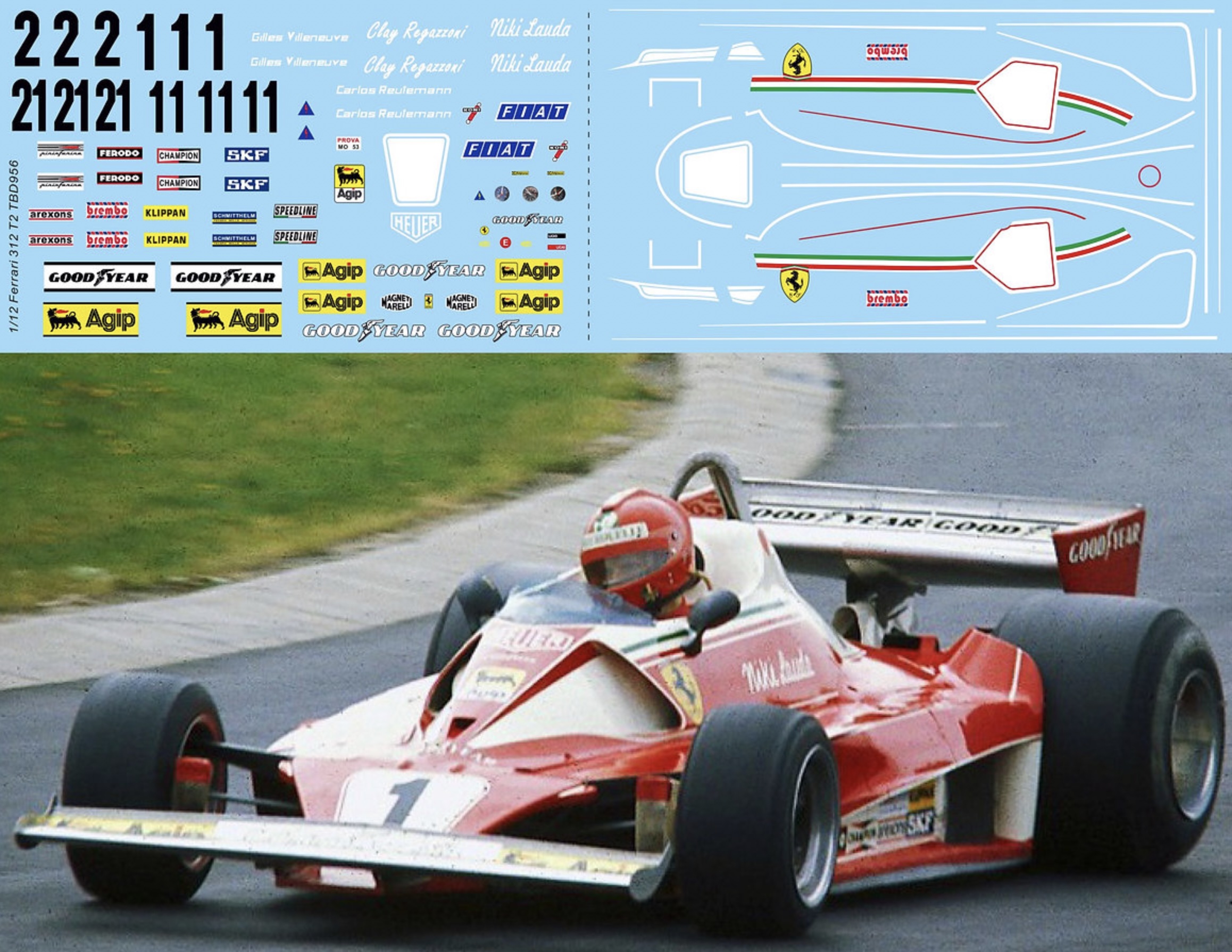 TBデカール 1/12 フェラーリ 312 T2 1976 1977 N.ラウダ C.レガッツォーニ G.ビルヌーブ　TBD956