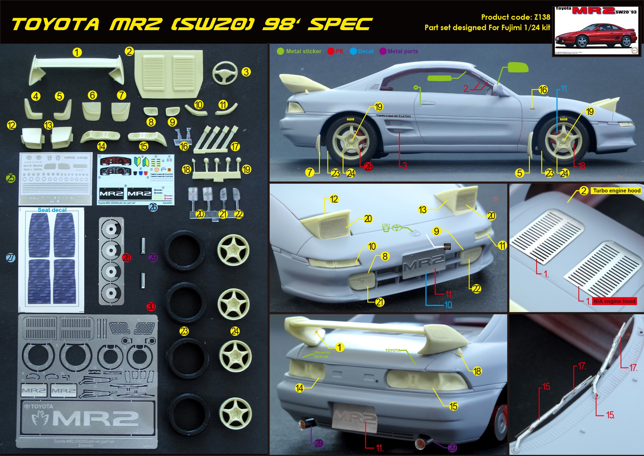 ZoomOn 1/24 トランスキット トヨタ MR2 SW20 1998 スペック　Z138